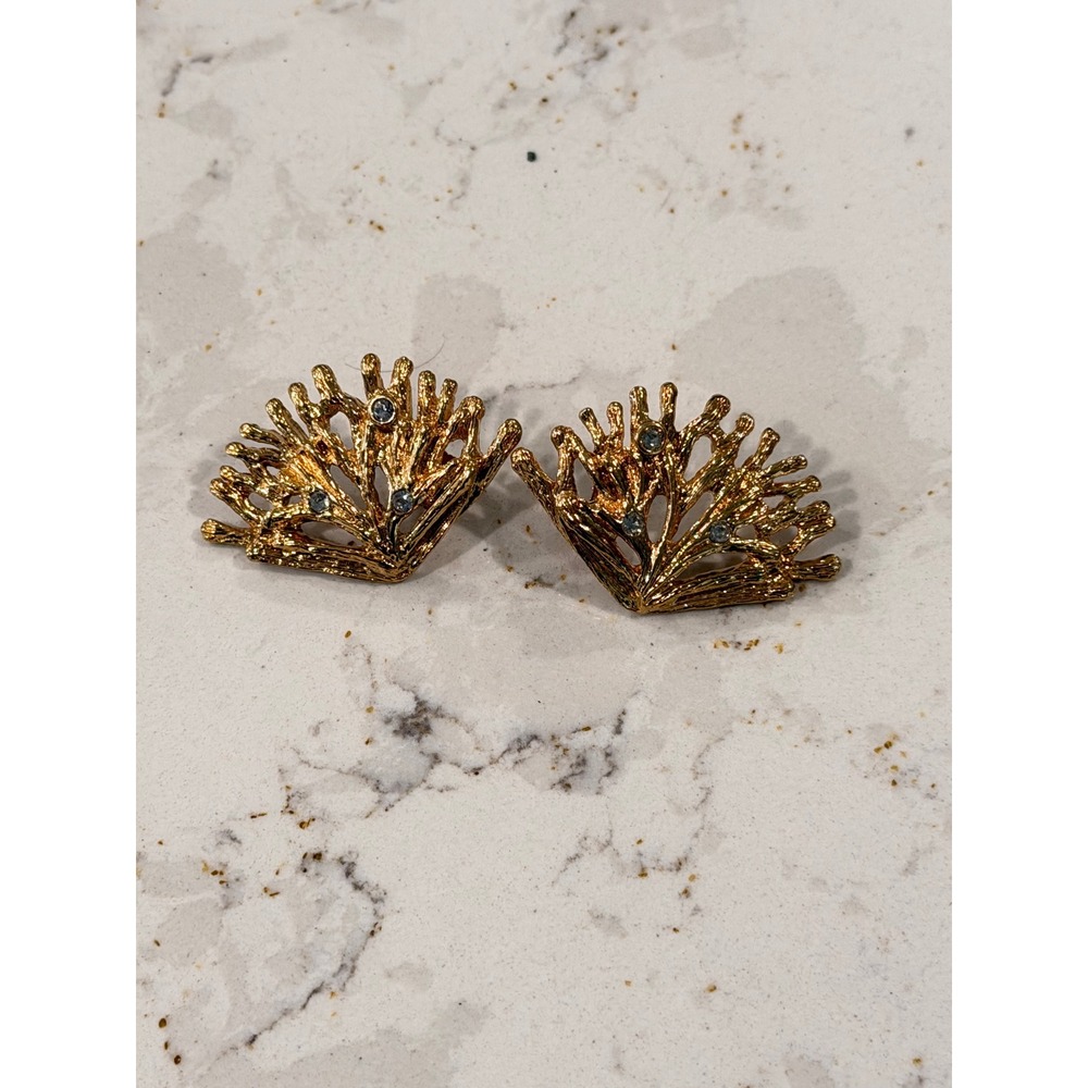 Vintage Gold Tone Coral Branch Fan Earrings Rhinestone Statement Studs Coastal